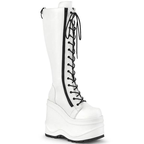 Demonia Women's Wave-200 Knee High Platform Boots - White Vegan Leather D3964-75US Clearance